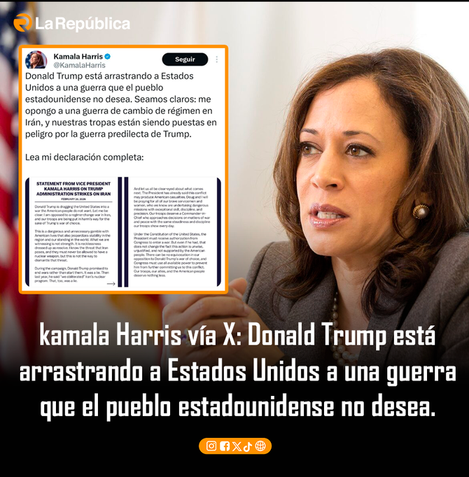 kamala Harris vía X: Donald Trump está  arrastrando a Estados Unidos a una guerra  que el pueblo estadounidense no desea.  - Cover Image